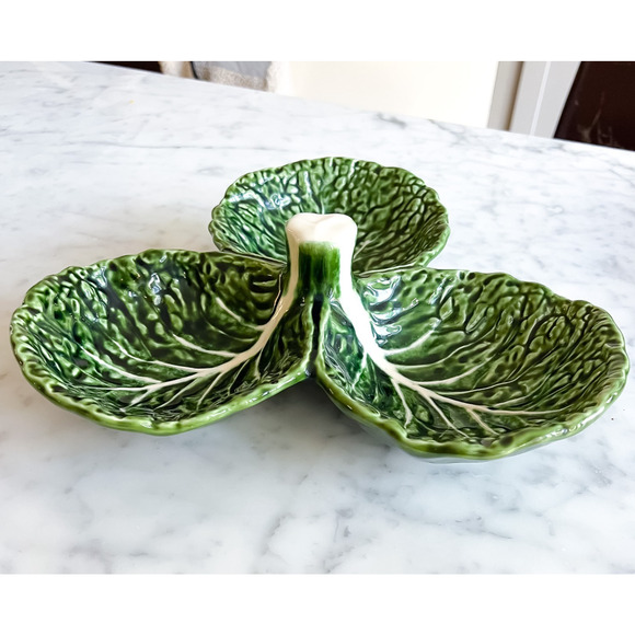 Large 12in Olfaire Three Leaf Cabbage Dish Nut Dish Tapas Serving Portugal - Picture 2 of 8